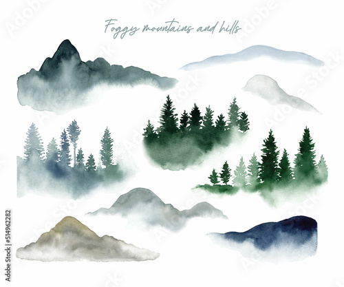 Foggy watercolor mountains, hills and trees isolated elements 