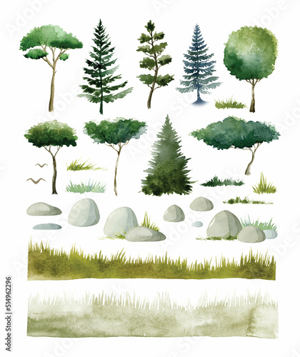 Watercolor nature elements, coniferous and deciduous trees, rocks and grass