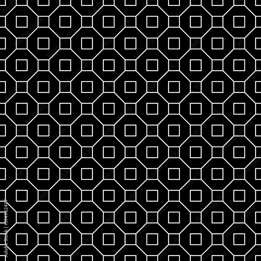Repeated white figures and lines on black background. Geometric wallpaper. Seamless surface pattern design with regular octagons and squares. Tiles motif. Digital paper for textile print. Vector art. Repeated white figures and lines on black background. Geometric wallpaper. Seamless surface pattern design with regular octagons and squares. Tiles motif. Digital paper for textile print. Vector art.