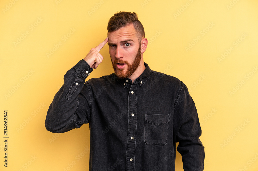 Young caucasian man isolated on yellow background pointing temple with finger, thinking, focused on a task. Young caucasian man isolated on yellow background pointing temple with finger, thinking, focused on a task.