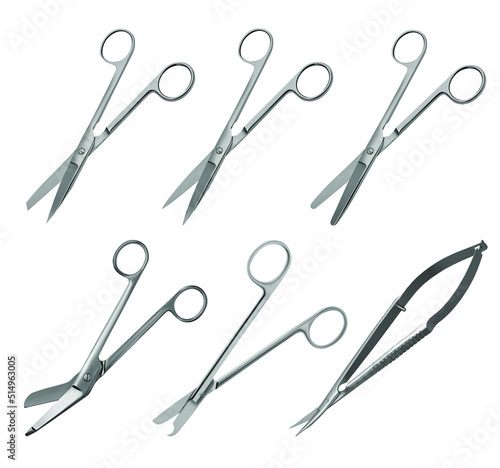 Set of surgical articulated scissors with various blade shapes and different purposes. Vector illustration