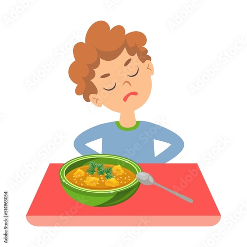 Picky children refusing healthy food. Cartoon vector illustration. Naughty kid rejecting vegetables, crying, dreaming of burgers, sitting at tables