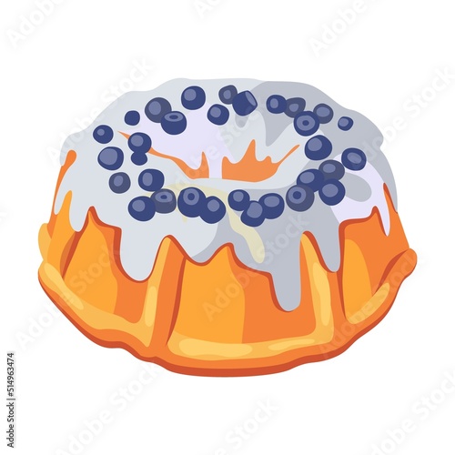 Festive Blueberry Cake. Bread assortment flat icon. Cartoon bun, pretzel, cakes, baguette, bagel, whole grain bread isolated vector illustration. Bakery concept