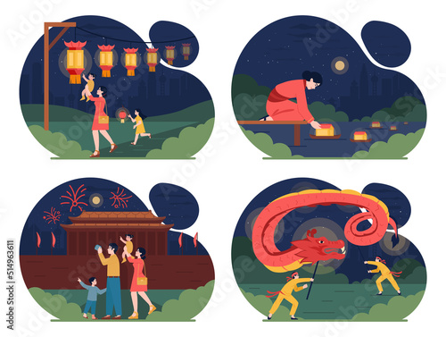 Traditional chinese festivities set. Happy characters family celebrate
