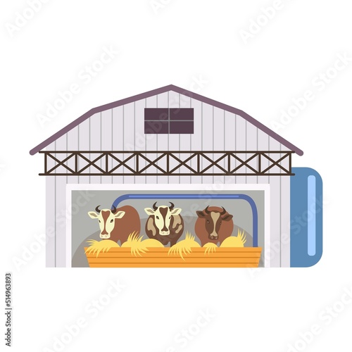 Milk factory with automatic machines. Milk production stages set. Truck, grazing cows, milking machines, dairy products shop. For dairy
