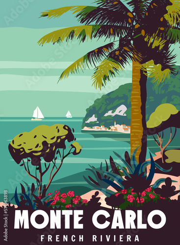 French Riviera Monte Carlo Retro Poster. Tropical coast scenic view, palm, Mediterranean marine