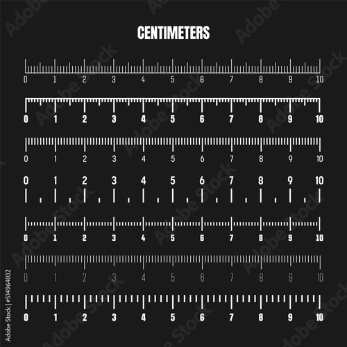 Realistic white centimeter scale for measuring length or height. Various measurement scales with divisions. Ruler, tape measure marks, size indicators. Vector illustration