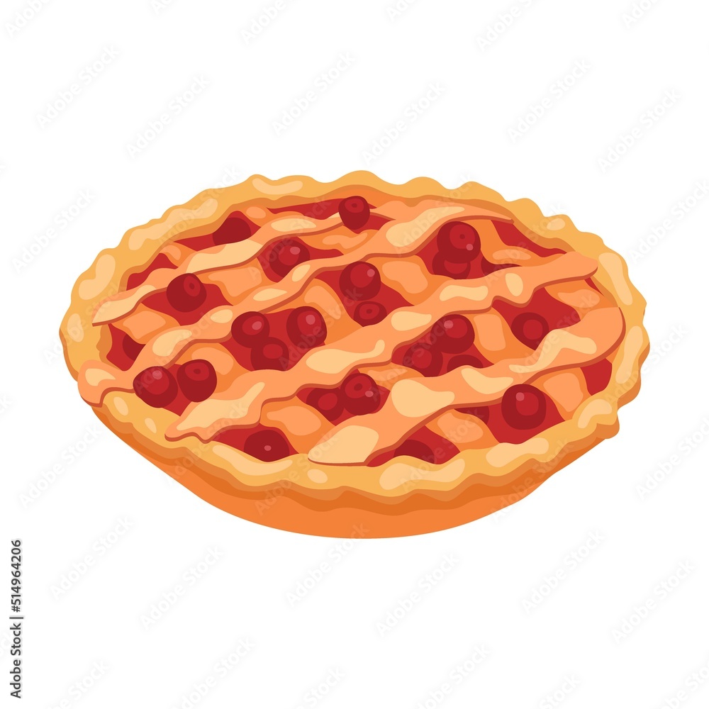 Pie with berry filling. Bread assortment flat icon. Cartoon bun, pretzel, cakes, baguette, bagel, whole grain bread isolated vector illustration. Bakery concept Pie with berry filling. Bread assortment flat icon. Cartoon bun, pretzel, cakes, baguette, bagel, whole grain bread isolated vector illustration. Bakery concept