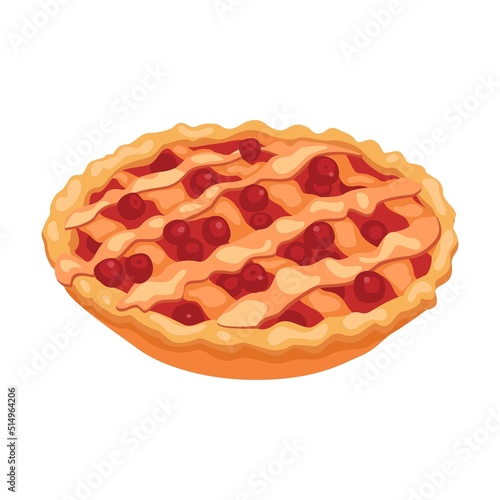 Pie with berry filling. Bread assortment flat icon. Cartoon bun, pretzel, cakes, baguette, bagel, whole grain bread isolated vector illustration. Bakery concept