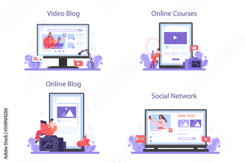 Blogger online service or platform set. Character sharing media content