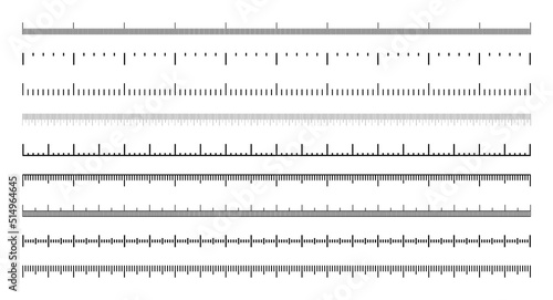 Various measurement scales with divisions. Realistic scale for measuring length or height in centimeters, millimeters or inches. Ruler, tape measure marks, size indicators. Vector illustration