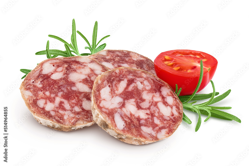 Cured salami sausage slices isolated on white background. Italian cuisine with full depth of field Cured salami sausage slices isolated on white background. Italian cuisine with full depth of field