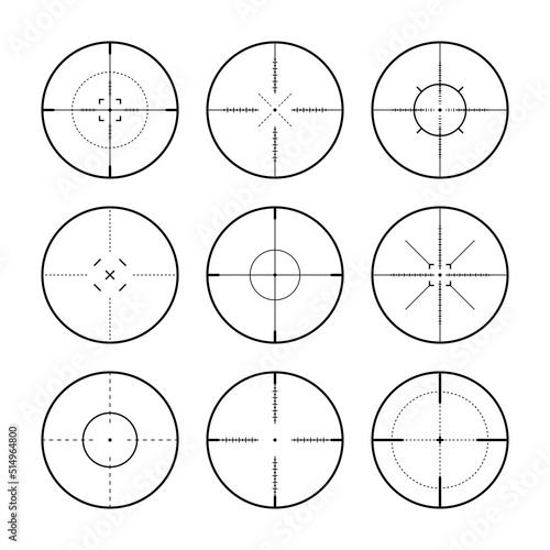 Various sniper rifle sights, weapon optical scope crosshair. Hunting gun viewfinder. Shooting mark symbol, aim. Military target sign. Game interface UI element. Vector illustration