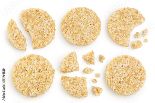 coconut cookies with white flax seeds and honey isolated on white background. Healthy food. Top view. Flat lay