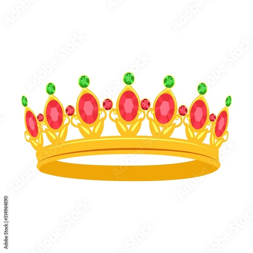 Golden queen crown vector illustration. Accessory for royals, king, queen, prince or princess isolated on white background. Fantasy, monarchy, jewelry