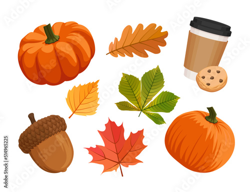 Auturmn set in cartoon vector style. Group of autumn objects isolated on white background. Pumpkin, latte, cookie, leaves, acorn. 