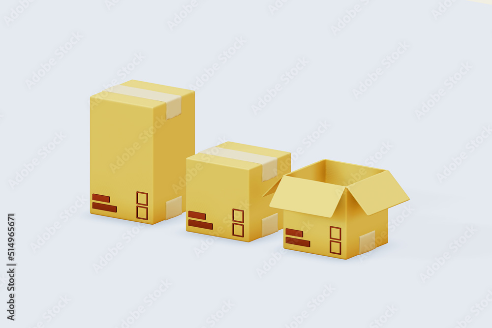 Multiple parcel boxes of various sizes 3d render, isolated on white color background , illustration 3D Rendering