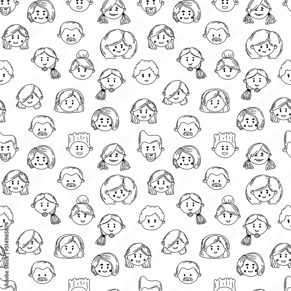 seamless pattern with peoples faces Sketch. Hand-drawn doodle style. Line art. men and women with different hair. Cartoon characters. Vector illustration seamless pattern with peoples faces Sketch. Hand-drawn doodle style. Line art. men and women with different hair. Cartoon characters. Vector illustration