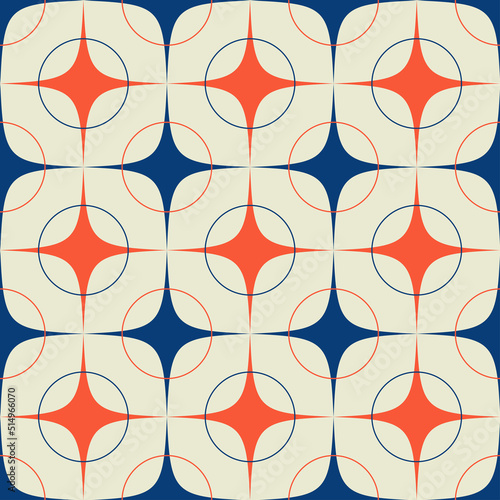 vintage retro 50's style geometric seamless pattern in orange ivory blue