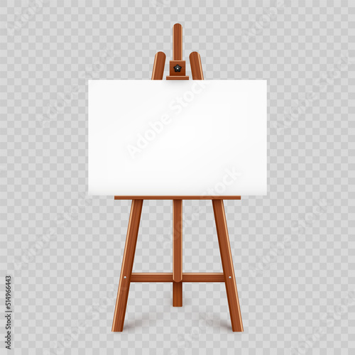 Realistic paint desk with blank white canvas. Wooden easel and a sheet of drawing paper. Presentation board on a tripod. Artwork mockup, template. Vector illustration