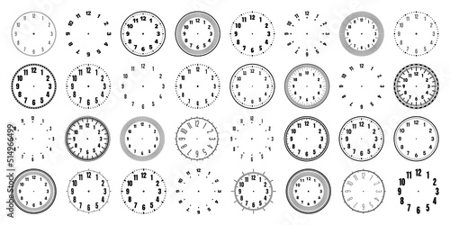 Mechanical clock faces with arabic numerals, bezel. Watch dial with minute, hour marks and numbers. Timer or stopwatch element. Blank measuring circle scale with divisions. Vector illustration