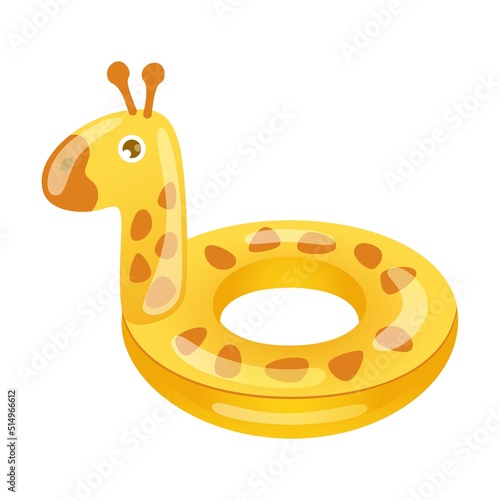 Children inflatable giraffe ring. Rubber donuts, pink flamingo for kids in swimming pool. Can be used for pool party, summer vacation