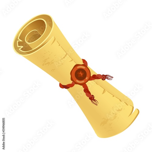 Ancient scroll with a seal. Golden symbols of ancient Egypt vector illustration. Cartoon Sphynx, Nefertiti, pharaoh statue, monuments