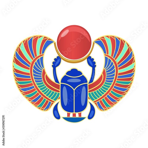 Scarab beetle. Golden symbols of ancient Egypt vector illustration. Cartoon Sphynx, Nefertiti, pharaoh statue, monuments, sarcophagus isolated on white
