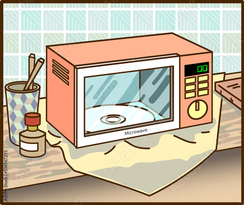 [Vector] Illustration of a cuboid microwave with background and props