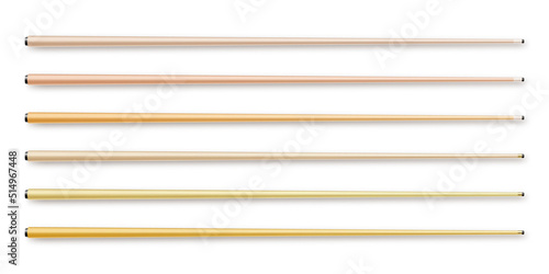 Various wooden billiard cues isolated on white background. Snooker sports equipment. Vintage pool cue. Active recreation and entertainment. Vector illustration