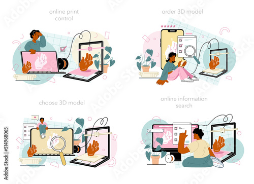 3D printer online service or platform set. Digital designer