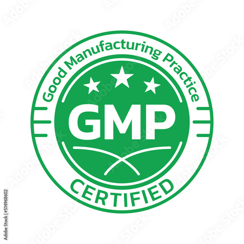 GMP certified icon or logo. Good manufacturing practice stamp or seal design. Quality standard label. Vector illustration.
