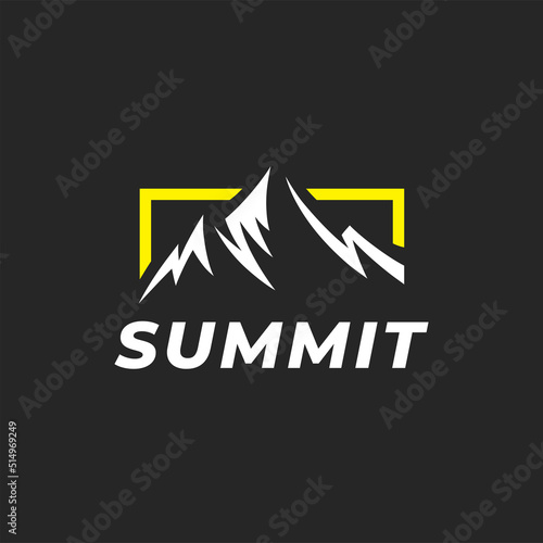 Mountain peak summit logo design. Outdoor hiking adventure icon. Alpine wilderness travel symbol. Vector illustration.