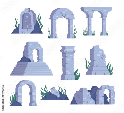 Ancient ruins of Atlantis vector illustrations set. Stone buildings or monuments of lost city underwater at bottom of ocean isolated on white background. History, Atlantis, architecture concept