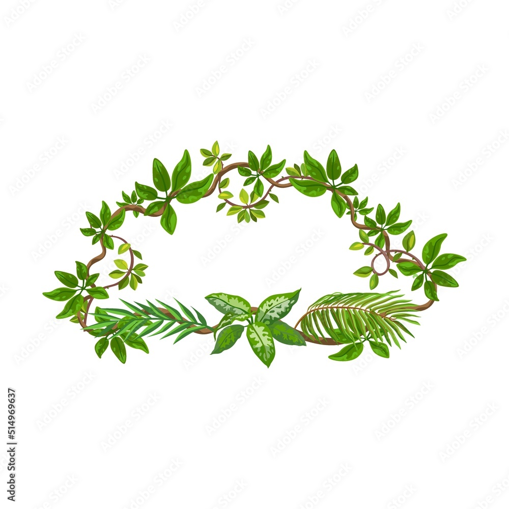Obraz premium Jungle frame shaped lianas, tropical plant branches with leaves, space for text or sign with borders. Isolated vector illustration for forest