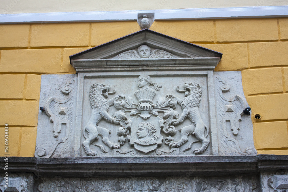 Fragment of door of Brotherhood of Blackheads in Old Town in Tallinn, Estonia