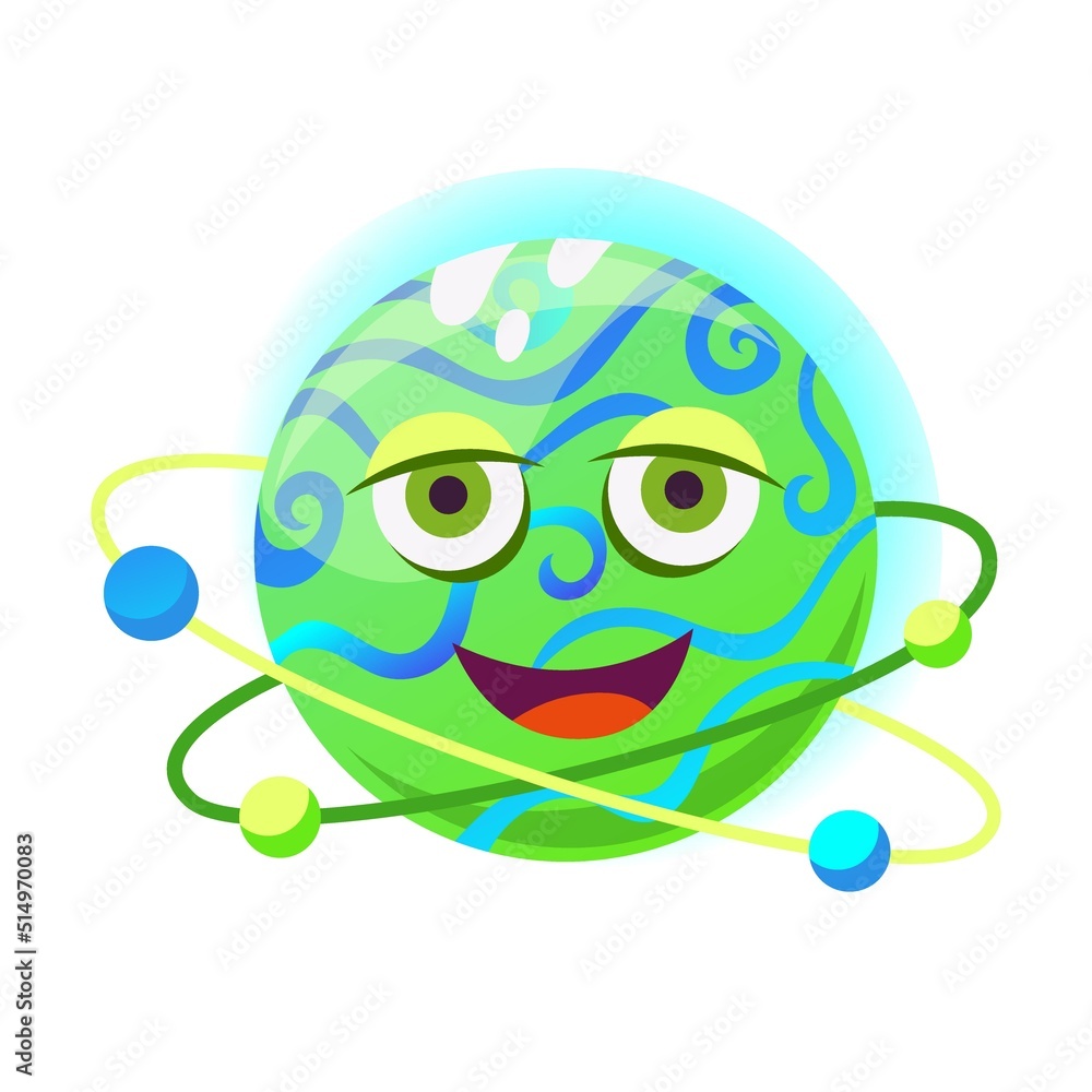 Funny planet with faces vector cartoon illustration. Fantasy planet characters with eyes and mouths isolated on purple background. Kids astronomy Funny planet with faces vector cartoon illustration. Fantasy planet characters with eyes and mouths isolated on purple background. Kids astronomy