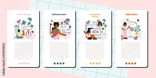 Software tester mobile application banner set. Application or website
