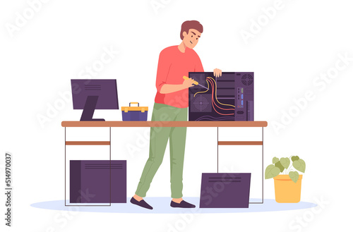 Cartoon engineer repairing computer system unit. Technician fixing PC hardware flat vector illustration. Repair service, technology concept for banner, website design or landing web page