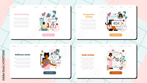 Software tester web banner or landing page set. Application or website
