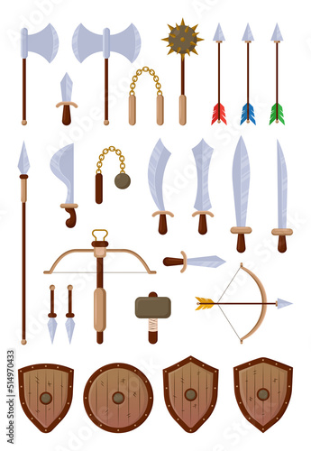 Different ancient weapons of warriors vector illustrations set. Cartoon drawings of old sharp metal objects, knives, lance, arrows, mace on white background. War, weapons concept for game design