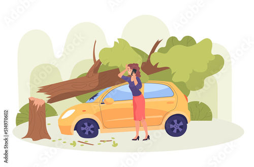 Tree falling on car and woman calling on phone. Accident on road, damaged automobile flat vector illustration. Natural disaster, damage, car insurance concept for banner or landing web page