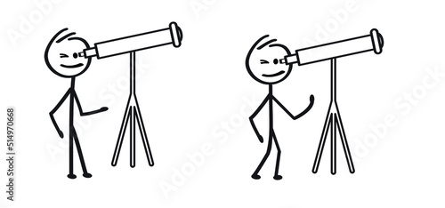 Cartoon stickman, stick figure man looking through telescope to the stars. Telescope icon or logo. Spyglass tool symbol. portable three legged telescopes. Astronomy telescope looking at the star.