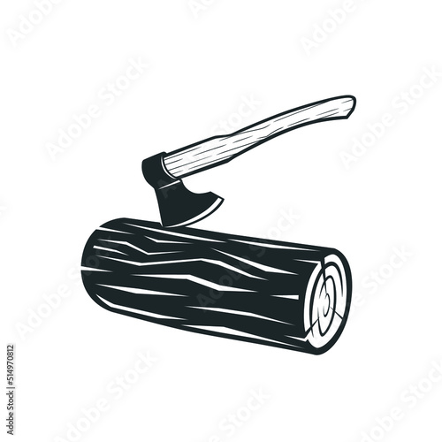 Illustration of an ax stuck in a log.