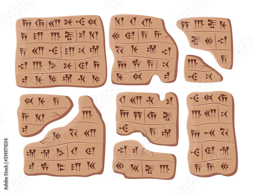 Babylonian or Sumerian script vector illustrations set. Clay, stone or rock tablets with alphabet of ancient civilization or Mesopotamia on white background. Science, Babylon, language concept
