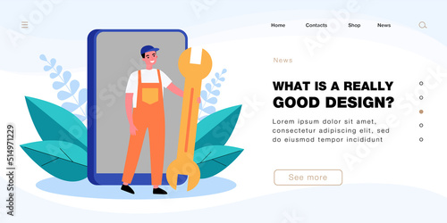Big smartphone and tiny repairman with huge wrench. Engineer in uniform repairing phone flat vector illustration. Technology, mobile repair service, maintenance concept for banner or landing web page