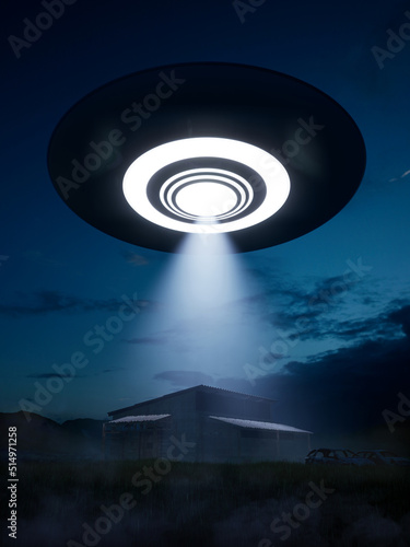 3d render. The ufo froze in the air at night, illuminating an abandoned farm with a beam of light.