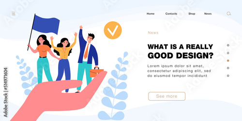 Giant hand holding tiny business professionals. Woman standing with waving flag flat vector illustration. Trade union, corporate insurance concept for banner, website design or landing web page