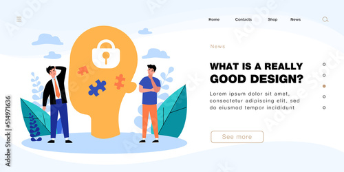 Confused tiny men and big human head with puzzle pieces and lock. Office workers solving problem flat vector illustration. Solution, psychology, strategy concept for banner or landing web page