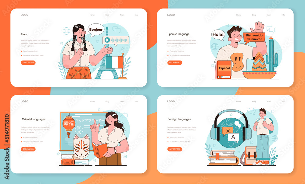 Language school web banner or landing page set. Professor teaching Language school web banner or landing page set. Professor teaching